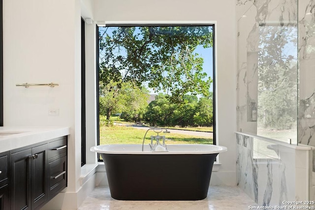 bathroom featuring a soaking tub, plenty of natural light, and vanity
