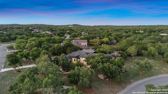 bird's eye view with a wooded view