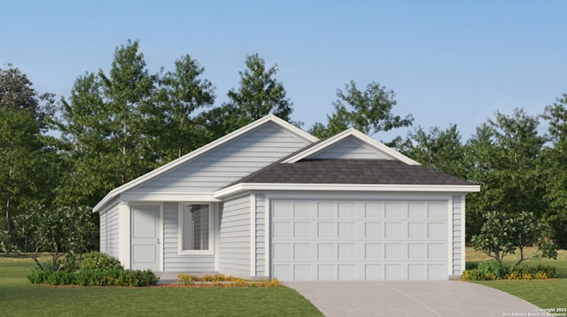 single story home with driveway, an attached garage, a front lawn, and roof with shingles