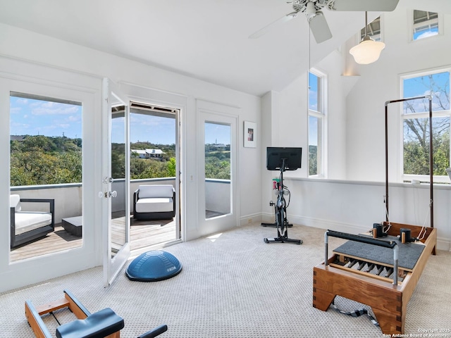 workout area with baseboards, plenty of natural light, a ceiling fan, and carpet flooring