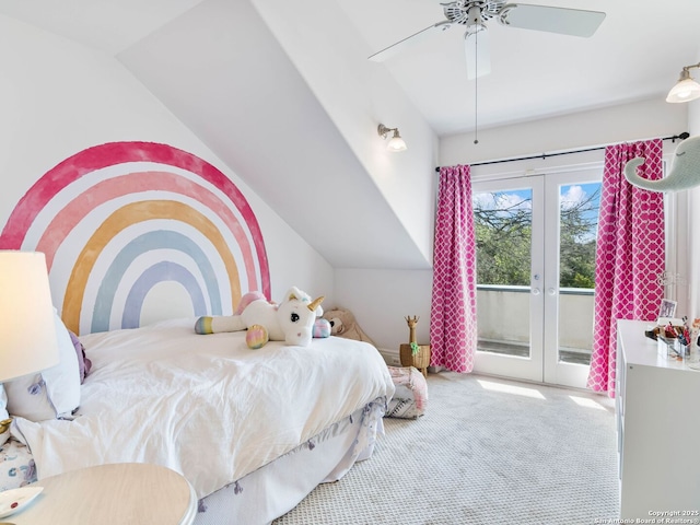 carpeted bedroom featuring vaulted ceiling, access to outside, french doors, and ceiling fan