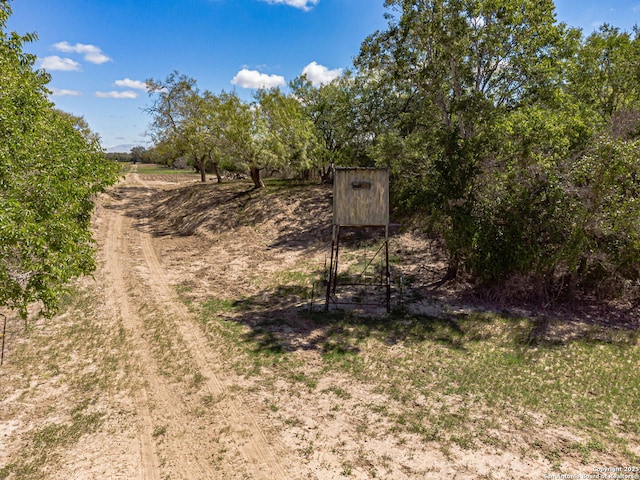 exterior space featuring dirt driveway and a rural view