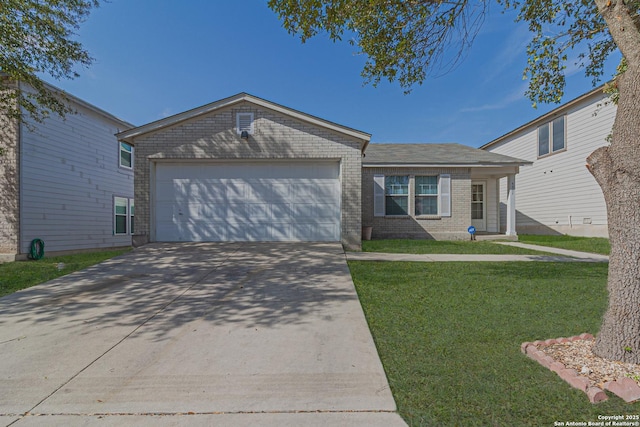 4907 Heather Pass, San Antonio, TX 78218 - view of front facade featuring a front yard, a garage, brick siding, and concrete driveway