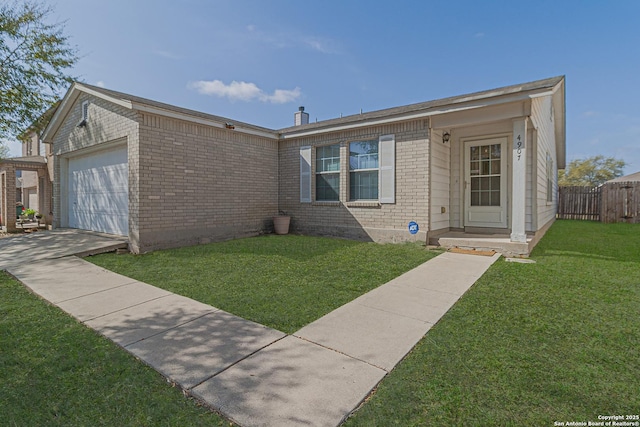 4907 Heather Pass, San Antonio, TX 78218 - single story home with an attached garage, brick siding, fence, and a front lawn