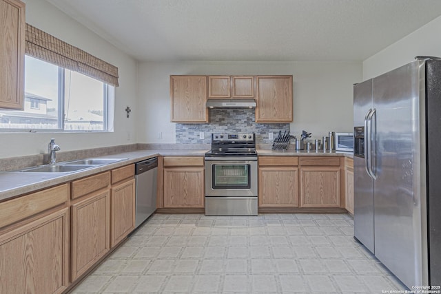 4907 Heather Pass, San Antonio, TX 78218 - kitchen featuring under cabinet range hood, backsplash, a sink, appliances with stainless steel finishes, and light floors