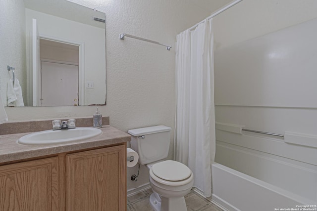 4907 Heather Pass, San Antonio, TX 78218 - bathroom featuring toilet, vanity, a textured wall, and shower / bath combo