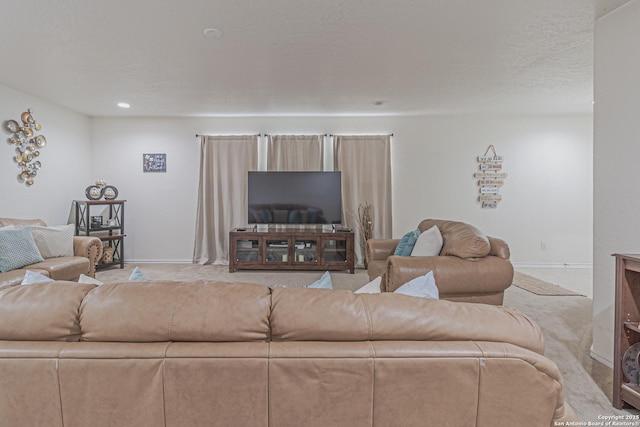 4907 Heather Pass, San Antonio, TX 78218 - living room with baseboards, carpet, and a textured ceiling