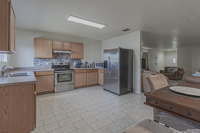 4907 Heather Pass, San Antonio, TX 78218 - kitchen featuring light floors, appliances with stainless steel finishes, under cabinet range hood, a sink, and open floor plan