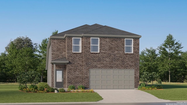 view of front facade with brick siding, driveway, a garage, and a front lawn