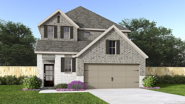 view of front of property with driveway, stone siding, fence, and a garage