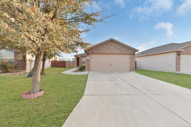 12266 Stratsburg, San Antonio, TX 78252 - ranch-style house featuring fence, an attached garage, concrete driveway, a front yard, and brick siding