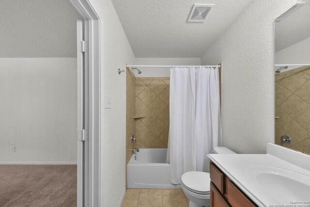 12266 Stratsburg, San Antonio, TX 78252 - full bathroom with a textured ceiling, visible vents, toilet, vanity, and shower / tub combo with curtain