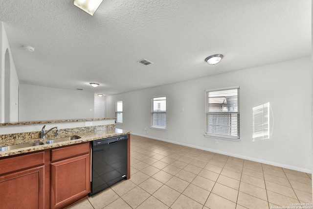 12266 Stratsburg, San Antonio, TX 78252 - kitchen featuring light tile patterned flooring, light stone counters, a sink, dishwasher, and visible vents