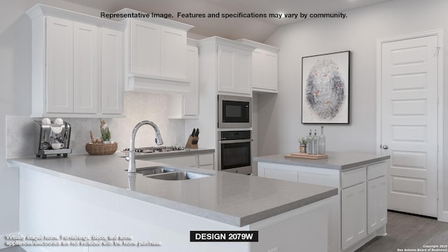 12937 Gilmore Bnd, San Antonio, TX 78245 - kitchen with white cabinetry, stainless steel oven, decorative backsplash, built in microwave, and a peninsula