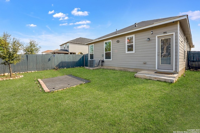 1919 Overlook Knl, San Antonio, TX 78245 - back of property with a fenced backyard, central air condition unit, and a lawn