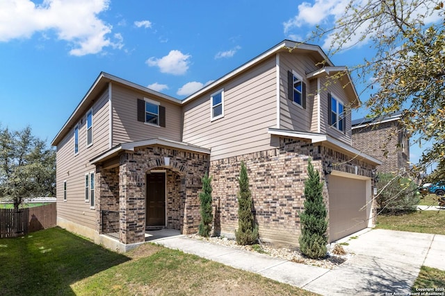 1623 Iron Crk, San Antonio, TX 78245 - view of front of home featuring driveway, fence, brick siding, a front lawn, and a garage