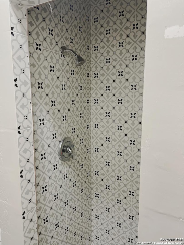 interior details featuring a tile shower