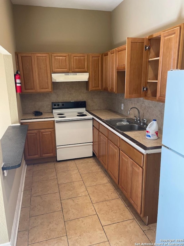 kitchen with white appliances, tasteful backsplash, under cabinet range hood, and a sink