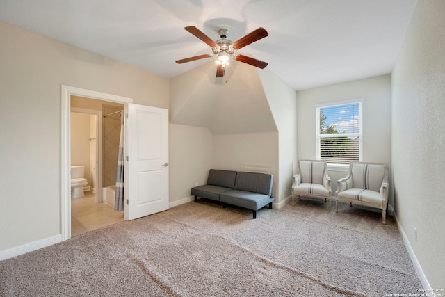 146 Sunrise Hl, Castroville, TX 78009 - living area with a ceiling fan, baseboards, carpet, and vaulted ceiling