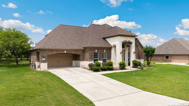 146 Sunrise Hl, Castroville, TX 78009 - french provincial home featuring stone siding, roof with shingles, a garage, and a front yard