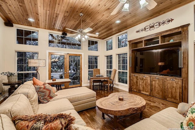 409 Sandy Oaks, Boerne, TX 78015 - living room featuring ceiling fan, wood ceiling, and hardwood / wood-style flooring