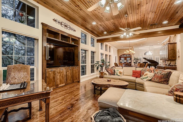 409 Sandy Oaks, Boerne, TX 78015 - living area with wooden ceiling, wood finished floors, recessed lighting, and ceiling fan with notable chandelier