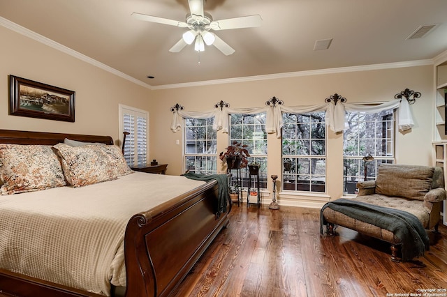 409 Sandy Oaks, Boerne, TX 78015 - bedroom featuring visible vents, ornamental molding, wood finished floors, and ceiling fan