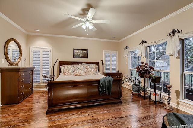 409 Sandy Oaks, Boerne, TX 78015 - bedroom with baseboards, crown molding, wood finished floors, and a ceiling fan