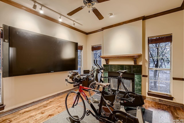409 Sandy Oaks, Boerne, TX 78015 - interior space featuring a tile fireplace, wood finished floors, baseboards, ceiling fan, and ornamental molding