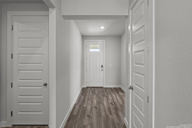 1509 Passmore Downs, New Braunfels, TX 78130 - doorway to outside with dark wood-style floors and baseboards