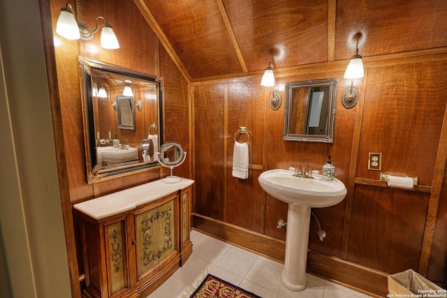 bathroom with lofted ceiling, tile patterned floors, wooden ceiling, and wood walls