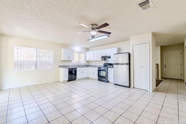 kitchen with a sink, white cabinetry, visible vents, black appliances, and ceiling fan