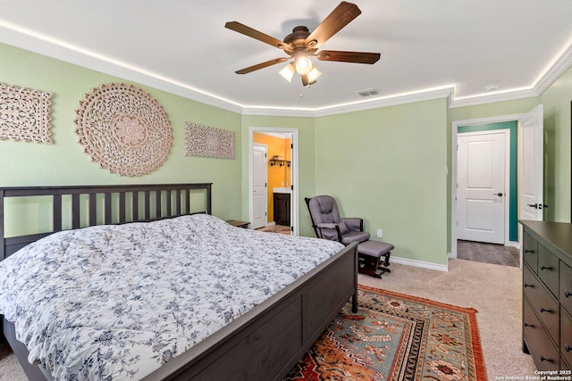 7015 Capella Cir, San Antonio, TX 78252 - bedroom featuring crown molding, carpet, baseboards, visible vents, and a ceiling fan
