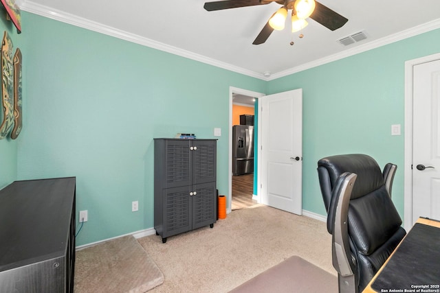 7015 Capella Cir, San Antonio, TX 78252 - carpeted office featuring baseboards, visible vents, ornamental molding, and a ceiling fan