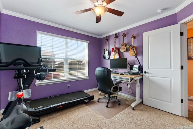 7015 Capella Cir, San Antonio, TX 78252 - office area featuring carpet floors, baseboards, crown molding, and ceiling fan