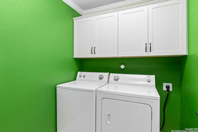 7015 Capella Cir, San Antonio, TX 78252 - washroom with washing machine and dryer, cabinet space, and ornamental molding