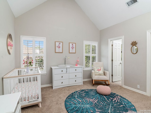 922 Split Fairway, San Antonio, TX 78260 - bedroom with high vaulted ceiling, visible vents, a crib, baseboards, and light colored carpet