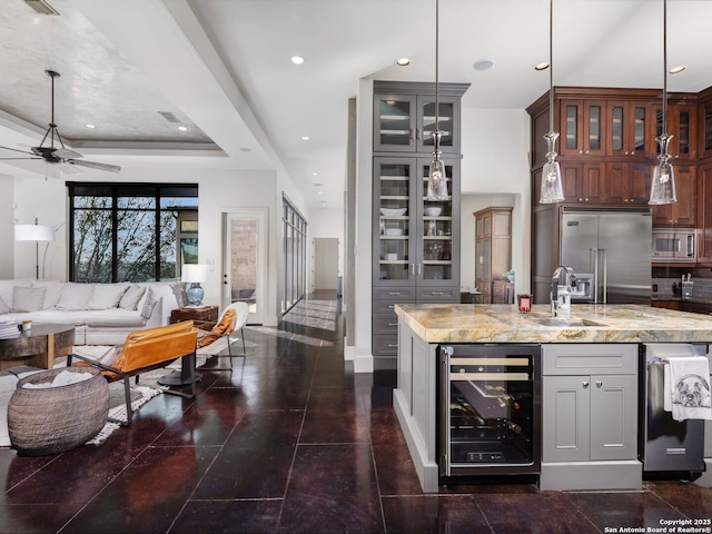 7110 Bella Rose, San Antonio, TX 78256 - kitchen with recessed lighting, a sink, wine cooler, and built in appliances