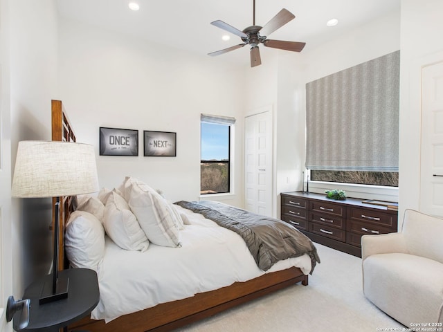 7110 Bella Rose, San Antonio, TX 78256 - bedroom featuring light colored carpet, a closet, ceiling fan, and recessed lighting