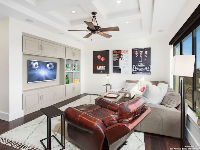 7110 Bella Rose, San Antonio, TX 78256 - living room featuring coffered ceiling, baseboards, wood finished floors, and ceiling fan