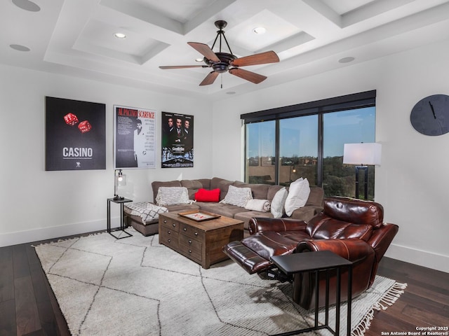 7110 Bella Rose, San Antonio, TX 78256 - living room with hardwood / wood-style floors, coffered ceiling, baseboards, and ceiling fan