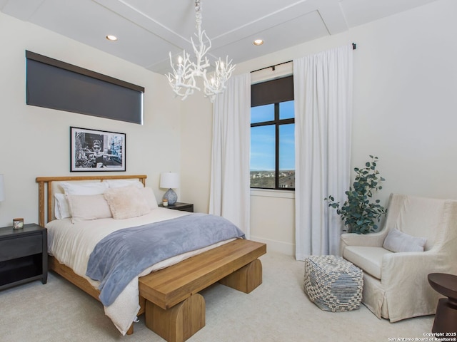 7110 Bella Rose, San Antonio, TX 78256 - bedroom featuring baseboards, recessed lighting, carpet, and an inviting chandelier