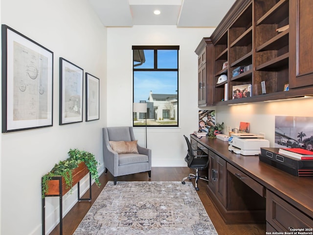 7110 Bella Rose, San Antonio, TX 78256 - home office with baseboards, built in study area, dark wood-style flooring, and recessed lighting