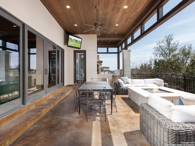 7110 Bella Rose, San Antonio, TX 78256 - view of patio / terrace with a ceiling fan, outdoor dining area, and an outdoor living space with a fire pit