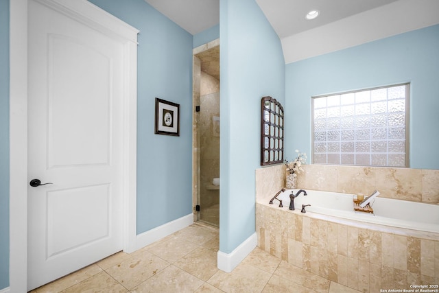 1931 Havenwood Blvd, New Braunfels, TX 78132 - bathroom with a garden tub, baseboards, a stall shower, and tile patterned floors