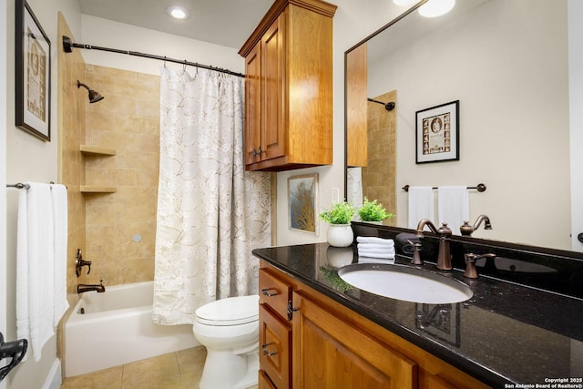 1931 Havenwood Blvd, New Braunfels, TX 78132 - bathroom featuring shower / tub combo with curtain, toilet, tile patterned floors, and vanity