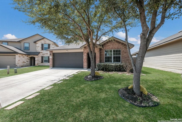 traditional-style house with driveway, brick siding, a front lawn, and an attached garage