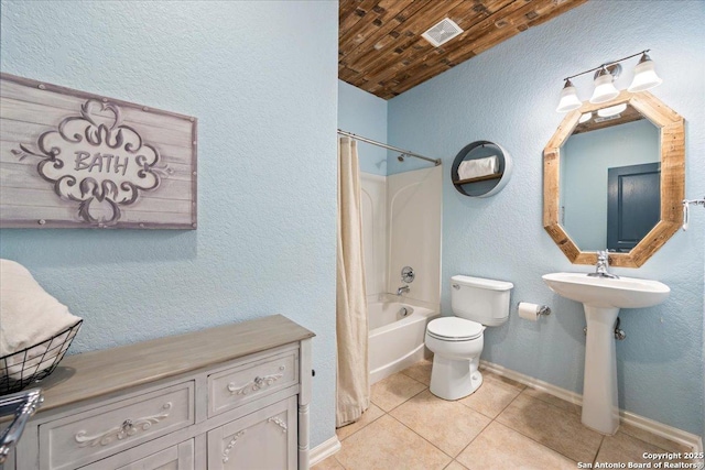 full bath with visible vents, toilet, tile patterned floors, shower / tub combo with curtain, and wooden ceiling