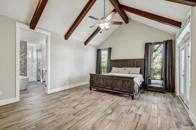 1609 Havenwood, New Braunfels, TX 78132 - bedroom with high vaulted ceiling, a ceiling fan, light wood-style flooring, ensuite bathroom, and beamed ceiling