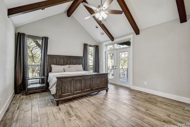 1609 Havenwood, New Braunfels, TX 78132 - bedroom featuring french doors, high vaulted ceiling, access to outside, beam ceiling, and light wood-style floors